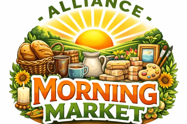 Illustrated “Alliance Morning Market” logo with a sunrise over hills, surrounded by bread, coffee, flowers, and artisan goods.
