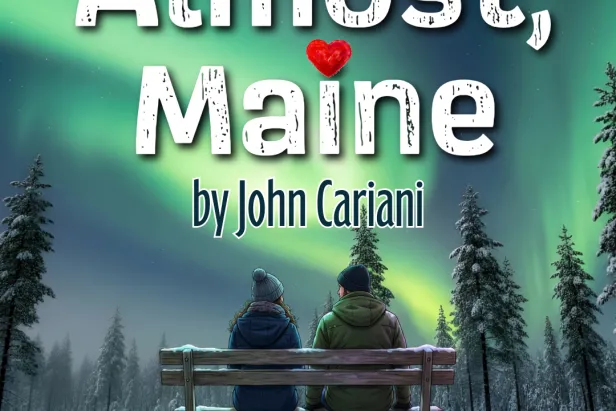 A snowy evening, the northern lights, a couple sitting on a bench. 
