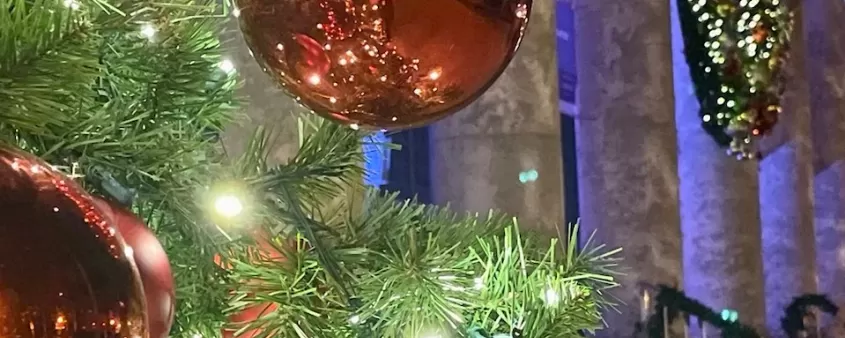 A Christmas tree decorated outside of the Sidney and Berne Davis Art Center